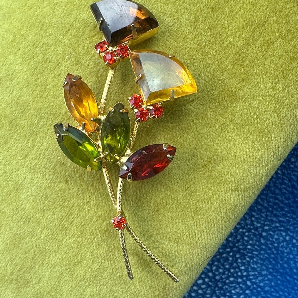 Vintage Flower Double Stem Brooch -Gold Tone, Green, Yellow Red Gemstone Brooch